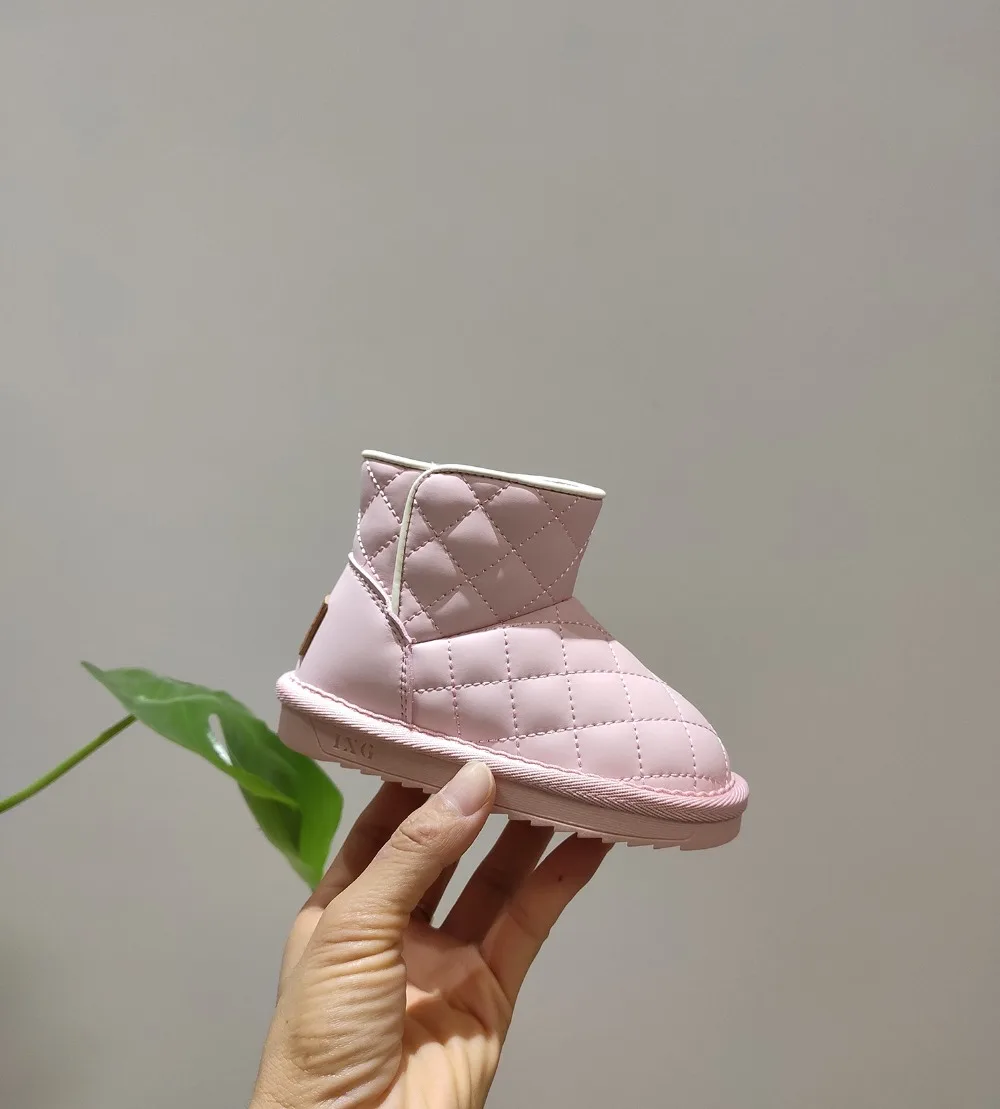 Genuine Leather Winter Children Snow Boots Waterproof Toddler Girls Shoes Grid Fashion Cotton Kids Boots Baby Shoes