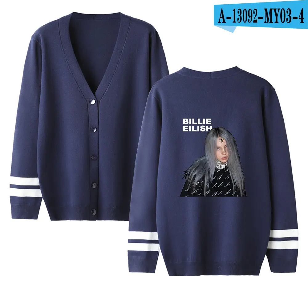 Billie Eilish женские свитера, осенний зимний Кардиган, повседневные кардиганы с v-образным вырезом, однобортный, с пышными рукавами, свободная одежда - Цвет: Navy