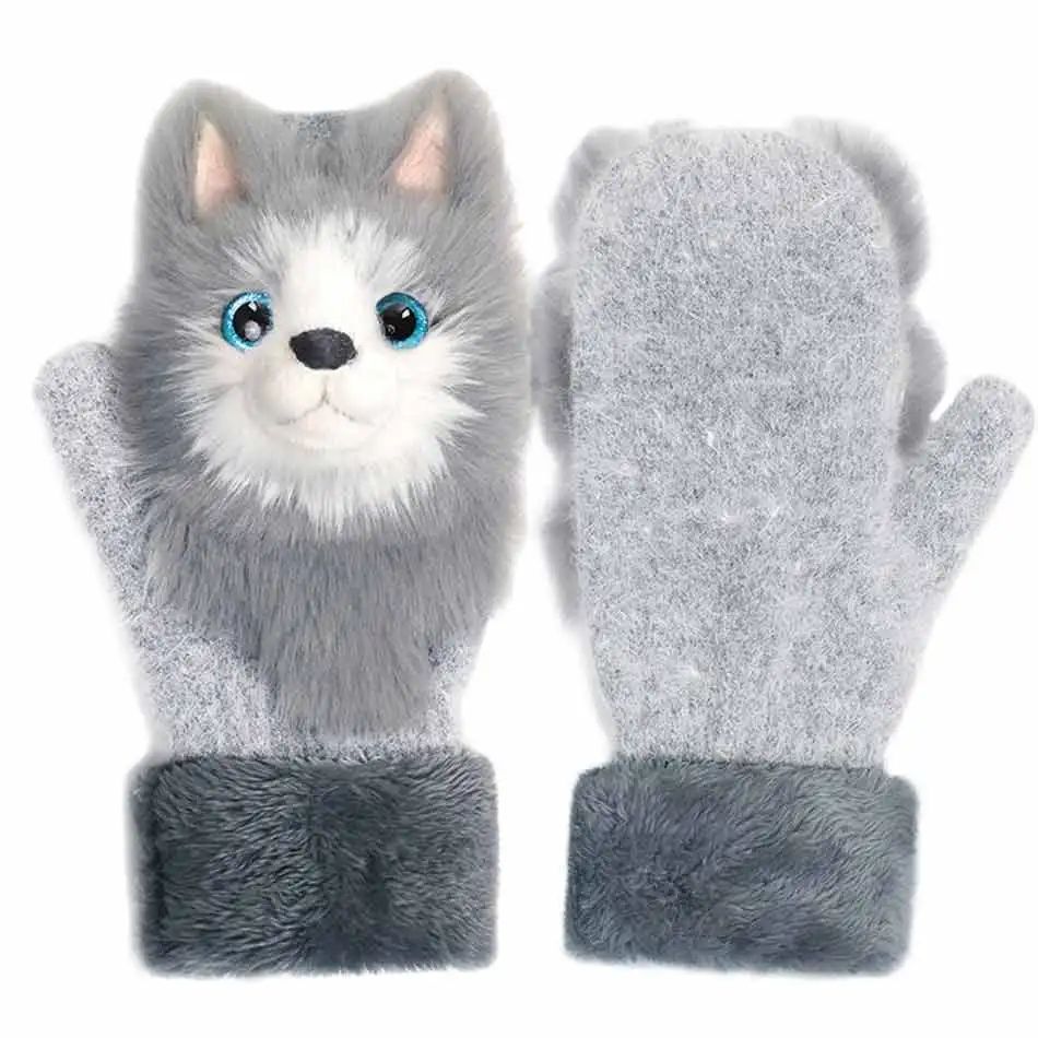 Warm-Gloves Mittens Fur-Cuff Winter Girls Soft Owl Cat for All-Finger-22cm Long Female