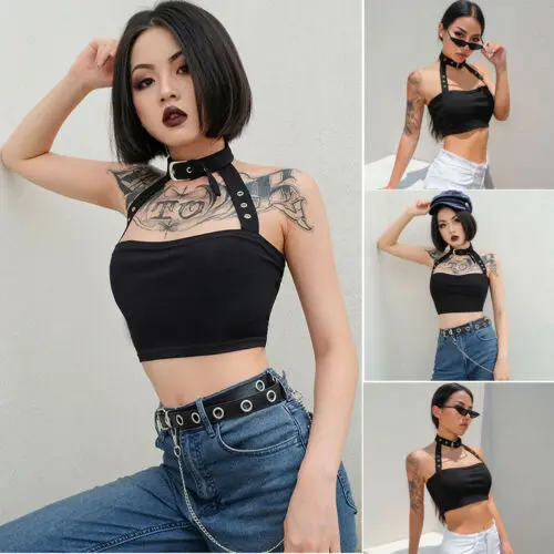 

New Fashion Womens Punk Sexy Black Halter Vest Ladies Off Shoulder Crop Tops Vest Sleeveless Bandeau