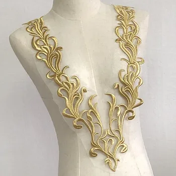 

SASKIA 1Pcs Gold Fabric Patch Flower Mesh Embroidered Collar African Lace Applique Sew On Wedding Dress Clothes Patchwork Diy