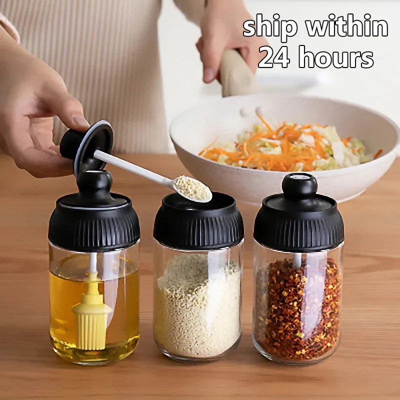 1pc Clear Spice Jar With Spoon, Black Glass Portable Seasoning Bottle For  Kitchen