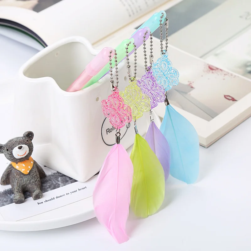 

4pc Creative Crystal Feather Gel Pen Net Red Girl Heart Pendant Pen Cute Student Supplies Stationery Water-based Signature Pen