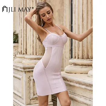 

JLI MAY Women's Sexy Dresses Solid V-Neck Spaghetti Strap Patchwork Mesh Perspectiv Empire Party Mini Bodycon Dress