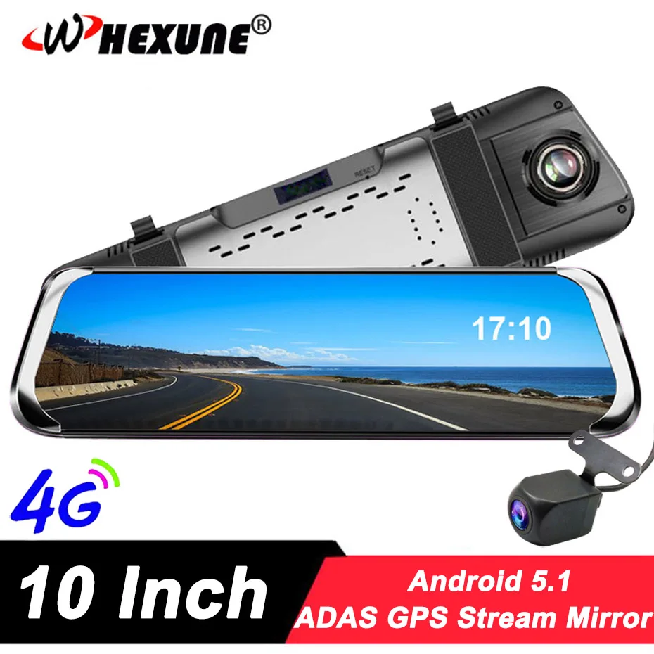 WHEXUNE E08 Car DVR 10"IPS Touch 4G Mirror DVR Android 5.1 ADAS GPS FHD 1080P WIFI auto registrar rear view mirror with camera