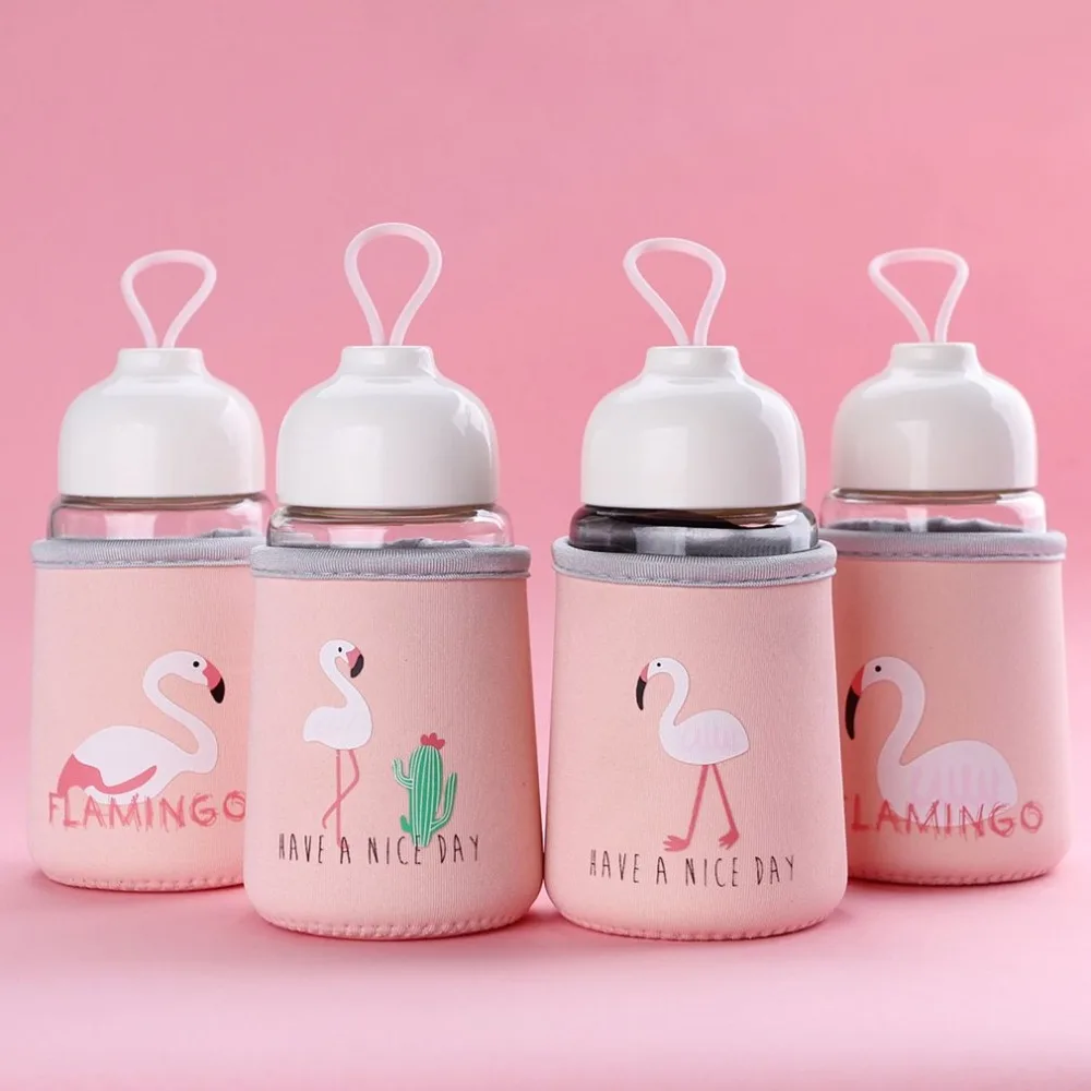 

Cute 320ML Flamingo Glass Bottle of Water With Cloth Cover Drinking For Children