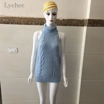 

Lychee Harajuku Backless Women Sweater Top Jumper Knitted Lady Sweaters Turtleneck Sleeveless Women Sweater Top Jumpers