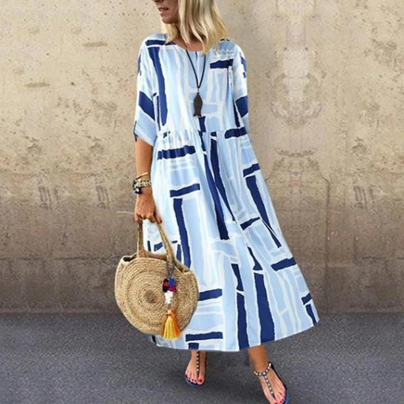 light blue Женское свободное платье, элегантное женское платье с круглым вырезом, длинное платье с принтом, Летняя женская одежда - Цвет: light blue