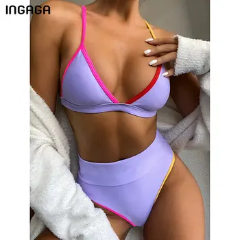

INGAGA 2020 Swimsuits High Waist Bikinis Swimwear Women Push Up Bathing Suits High Cut Biquini Beachwear Solid Strap Bikini Set