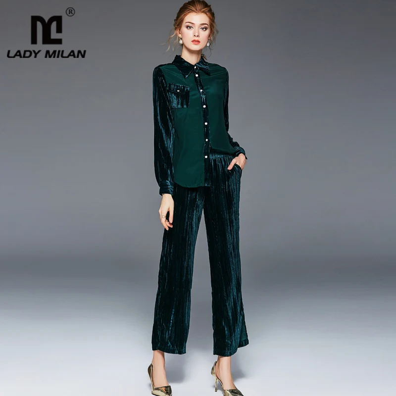 

Lady Milan Women's Runway Twinsets Turn Down Collar Long Sleeves Shirts with Elastic Waist Full Pants Fashion Two Piece Sets