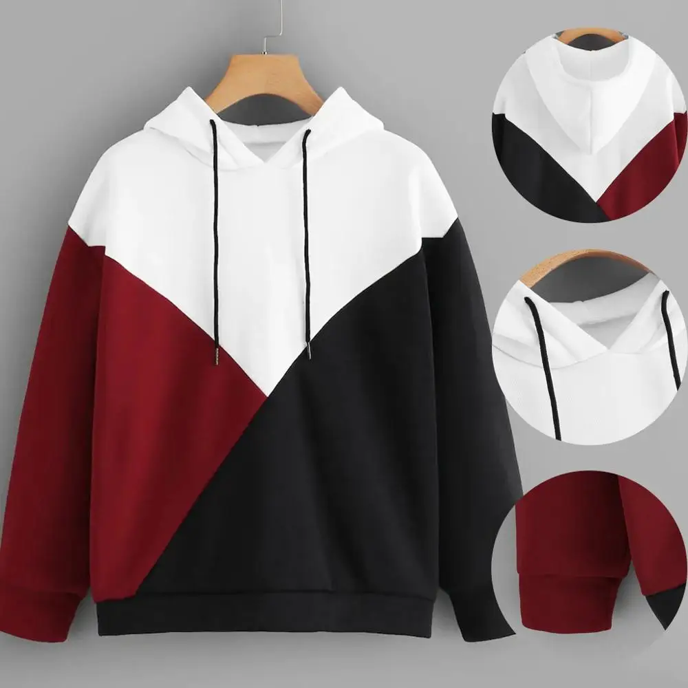 

2019 New Winter Fashion Women Long Sleeve Patchwork Drawstring Hoodie Sweatshirt Hooded Pullover Tops Blouse