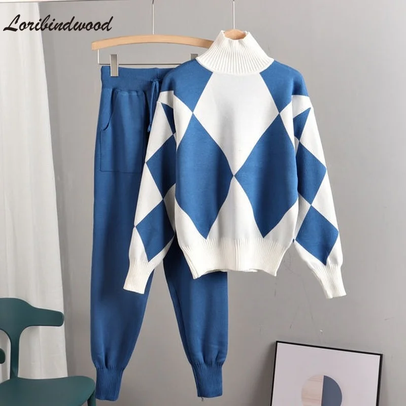 

2021 Autumn and Winter New Two-piece Women's Sweater Sportswear Winter Turtleneck Pullover Top + Knitted Harem Pants Suit Women
