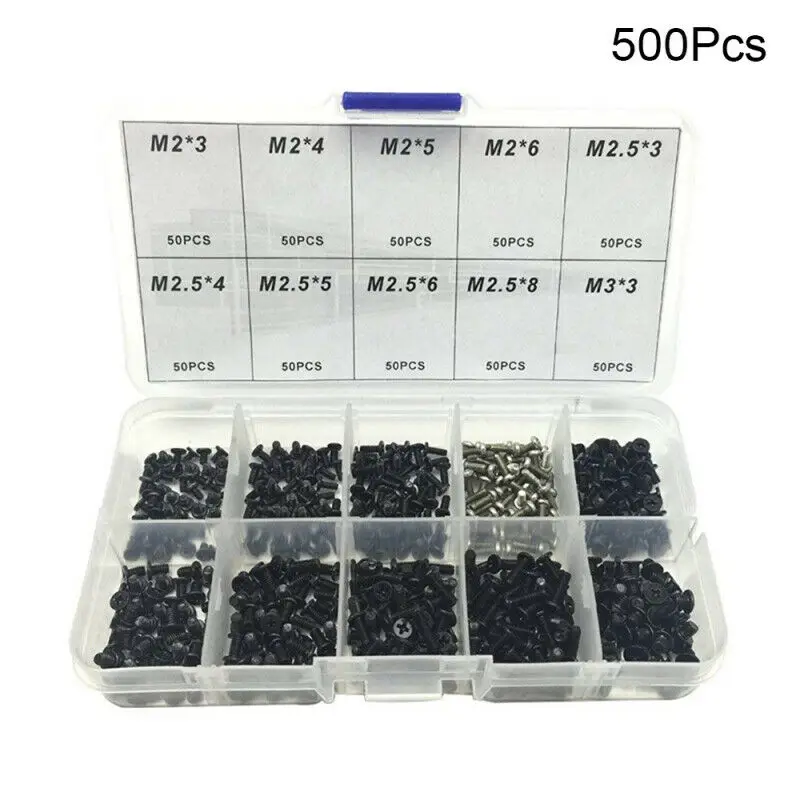 

500pcs/Set M2/M2.5/ M3 Carbon Steel Screw Kit Tool For Laptop PC Machine DIY QBS