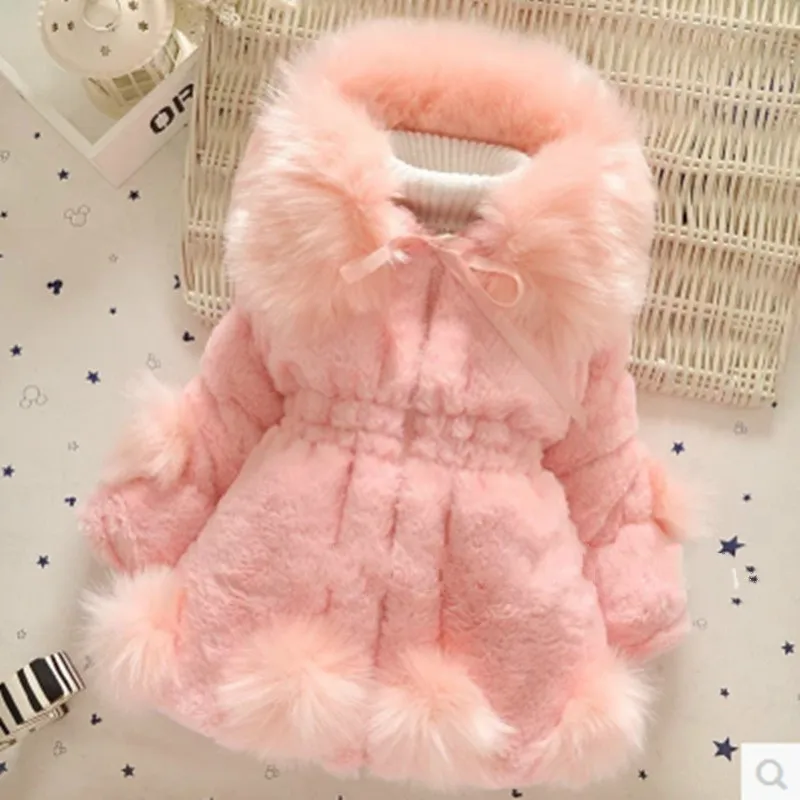 Детское пальто с искусственным мехом для девочек длинное пальто зимний свитер детская одежда из толстого хлопка с большим меховым воротником меховой воротник - Цвет: Розовый