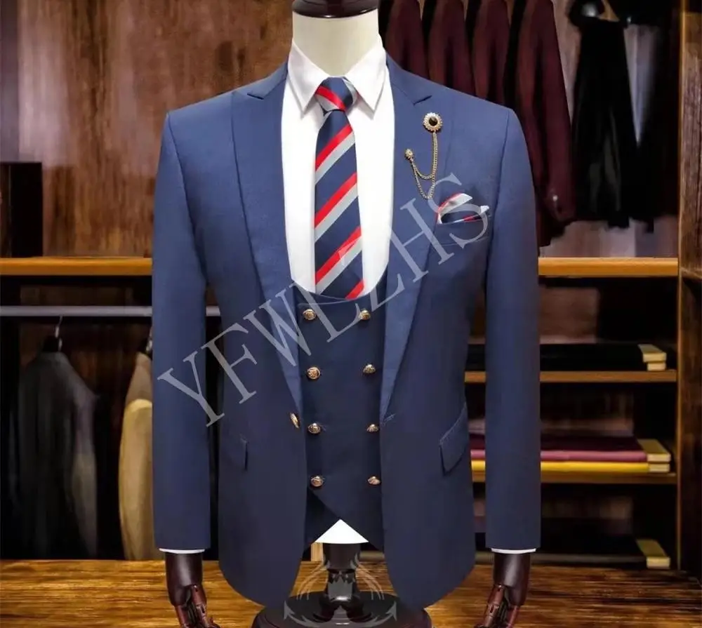 Handsome Groomsmen Peak Lapel Groom Tuxedos Mens Wedding Dress Man Jacket Blazer Prom Dinner (Jacket+Pants+Tie+Vest) A045
