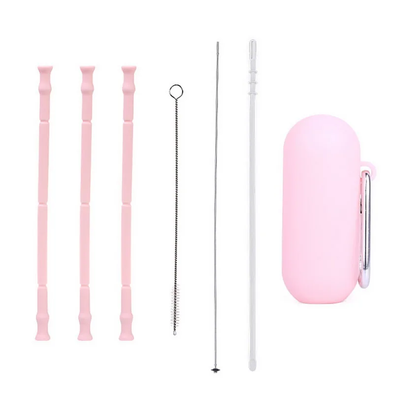 20cm pink Складной питьевые соломинки многократного использования силиконовые трубочки с щеточка для чистки чехол Портативный экологически-безопасные соломинки для путешествий - Цвет: 20cm pink