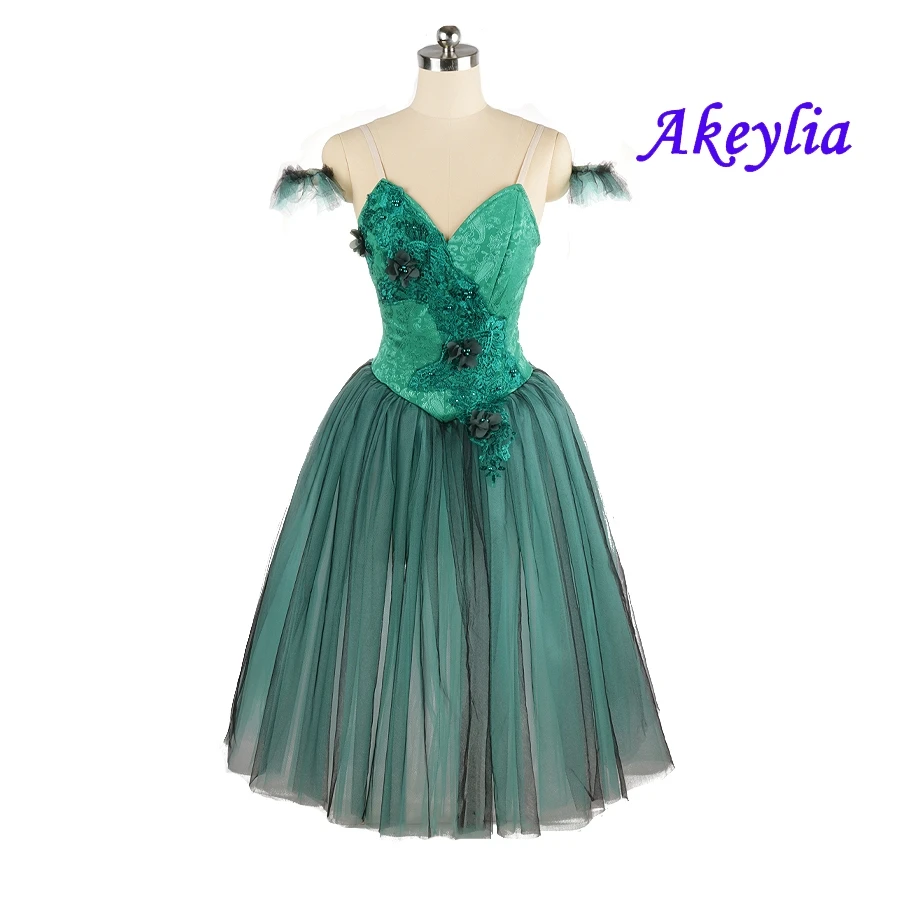 Non-stretch Romantic Tutu professional Green ballet Long Dresses 5 layer tulles Skirt jacquard Bodies For ballet Performance