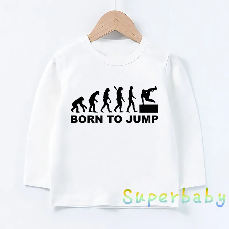 Детская футболка с принтом «Evolution Of Parkour Born To Jump» Забавные топы с рисунками для маленьких мальчиков и девочек, детская футболка с длинными рукавами LKP2422
