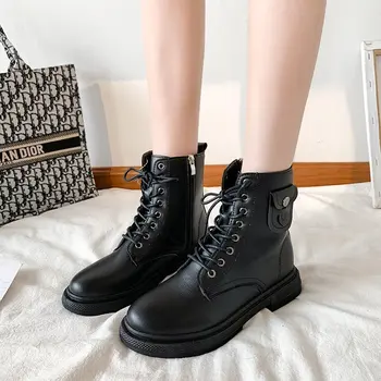 

Fashion Round Toe Ankle Boots Sexy Lace Up Solid Color Martin Boots Short Plush Keep Warm Women Shoes Zapatillas Mujer 2020 New