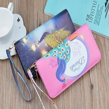 

Long Wallet Women New Fashion Peacock Printing Wristband Female Zipper Pu Leather Ladies Clutch Bag Card Holder Cell Phone Bag