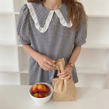 

ZCWXM New 2020 Women Summer Blouse Korean Shirts Peter Pan Collar Single Breasted Casual Puff Sleeve Plaid Backwards Tops