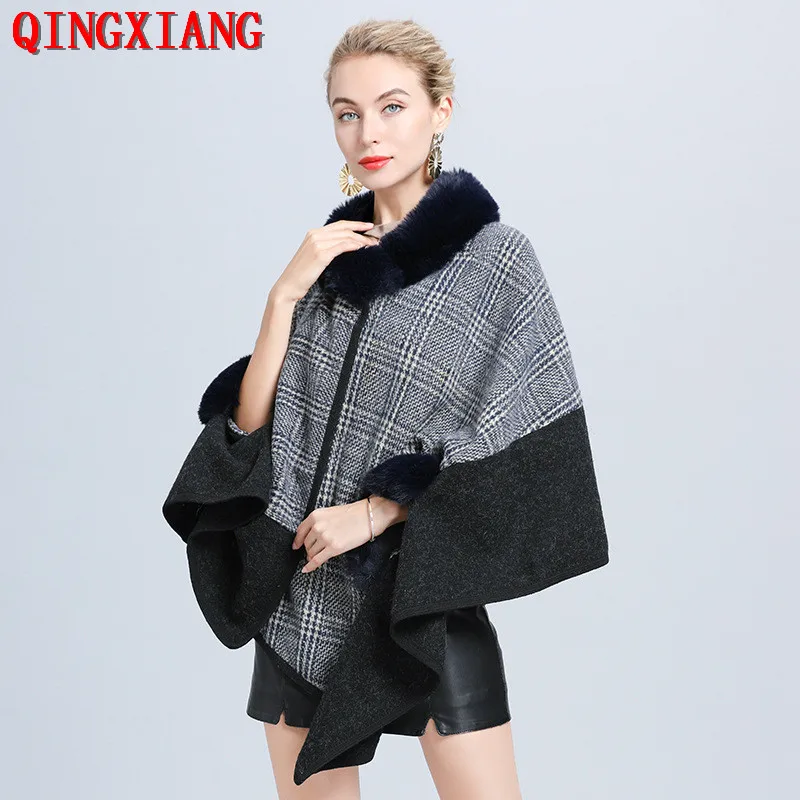 

2020 Women New Cape Black Woolen With Grey Plaid Poncho Faux Fur Neck Cardigan Hole Fur Sleeves Knitted 130cm Bust Cappa Coat