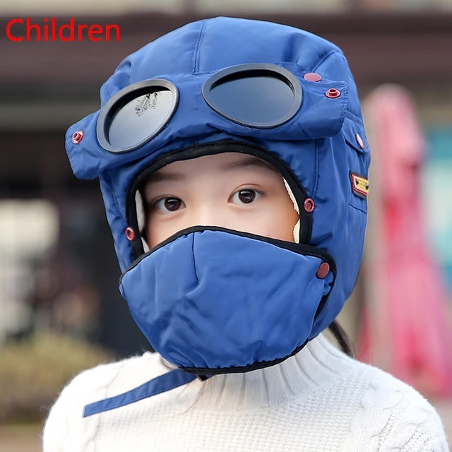 Children-blue Новая модная теплая зимняя мужская шапка, дизайн, зимние шапки для женщин и детей, водонепроницаемая шапка с капюшоном и очками, крутая Балаклава - Цвет: Children-blue