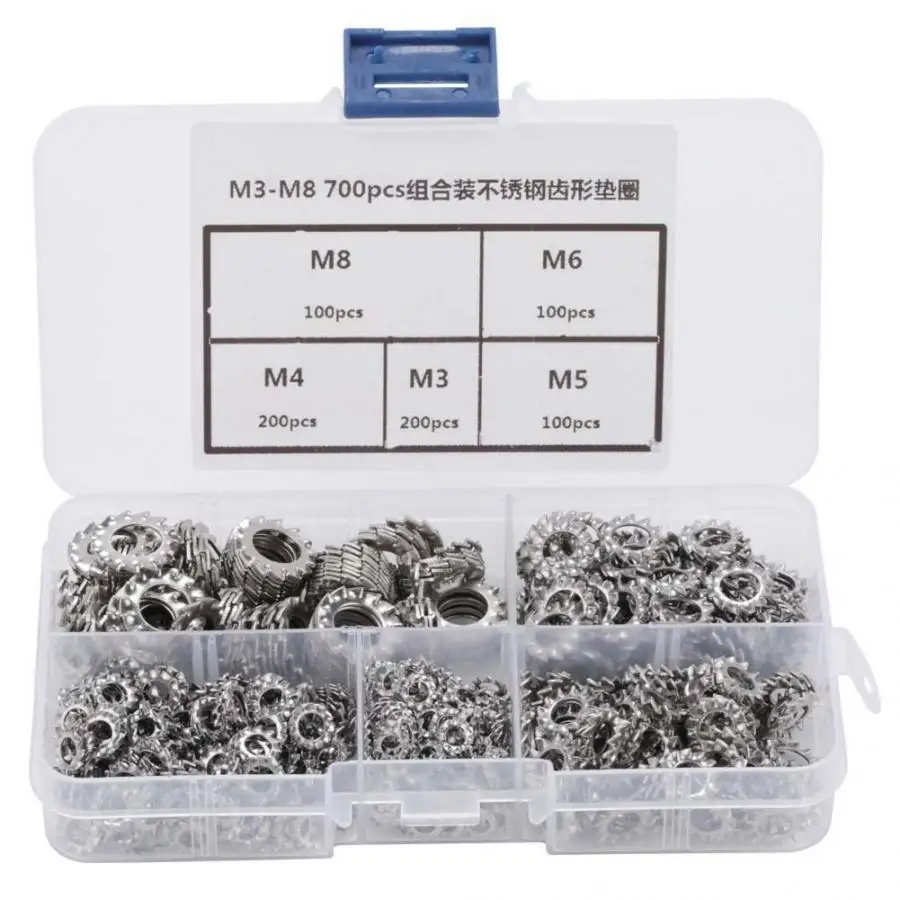 

700Pcs/set Combination Box Stainless Steel M3-M8 304 External Toothed Washer Kit