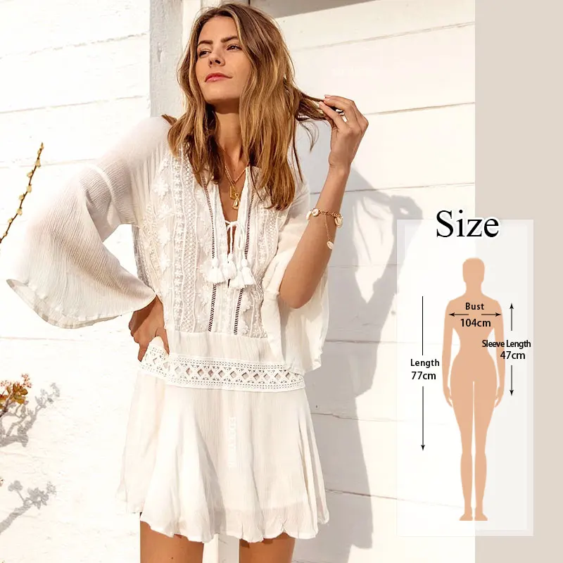 Women Swimsuit Cover Ups Mandarin Sleeve Kaftan Beach Tunic Dress Robe De Plage Solid White Pareo Beach Cover-ups #Q429 swim suit cover