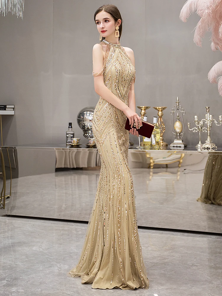 Vestido de festa Бисероплетение Русалка Вечерние платья длинное платье модное Золотое вечернее платье с высоким воротом элегантное платье