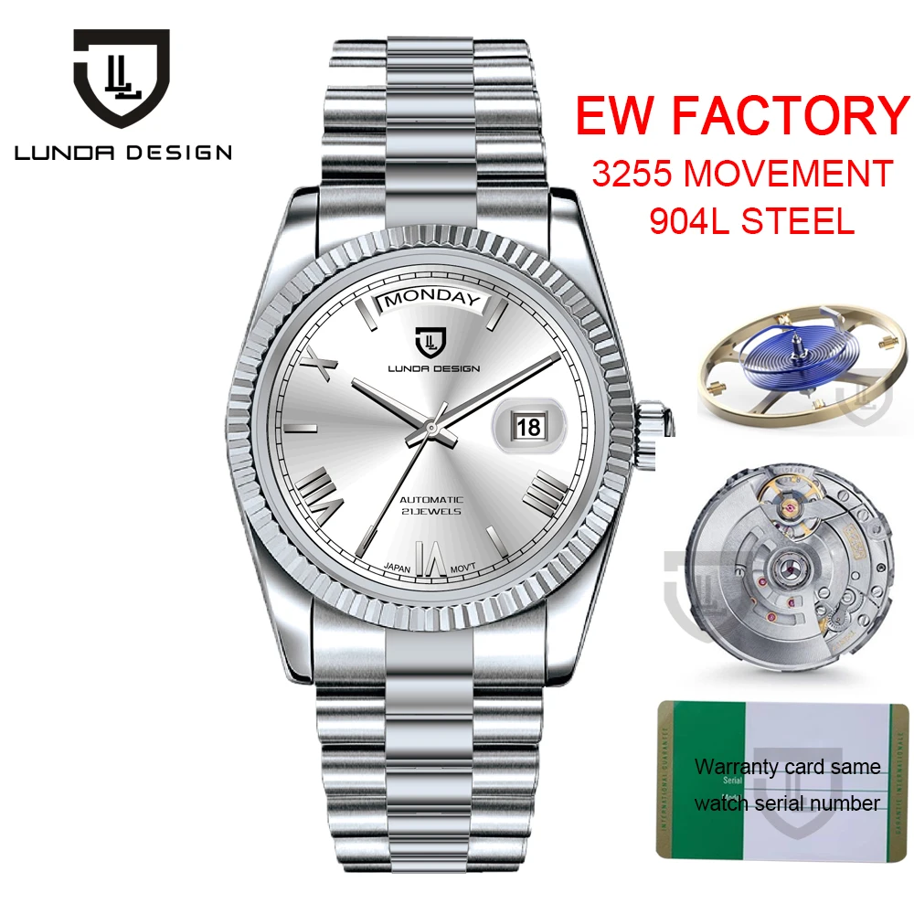 

LUNDA Design EW Factory Luxury High End TOP Date ETA 3255 Automatic Watch Sapphire Mirror 904L Stainless Bracelet