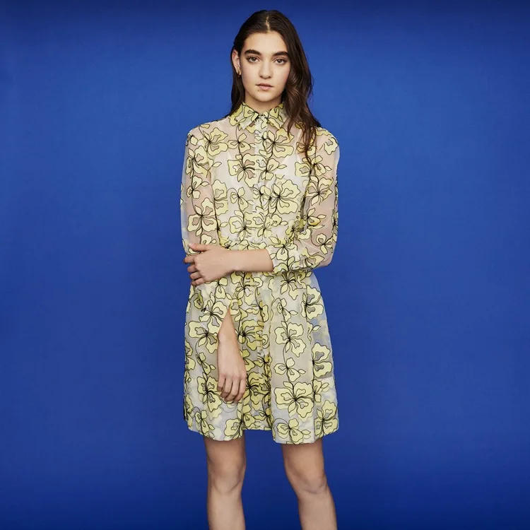 

Women Dress 2019 Spring and Summer Plant Flower Print Perspective Mesh 2 in 1 Lace Dress