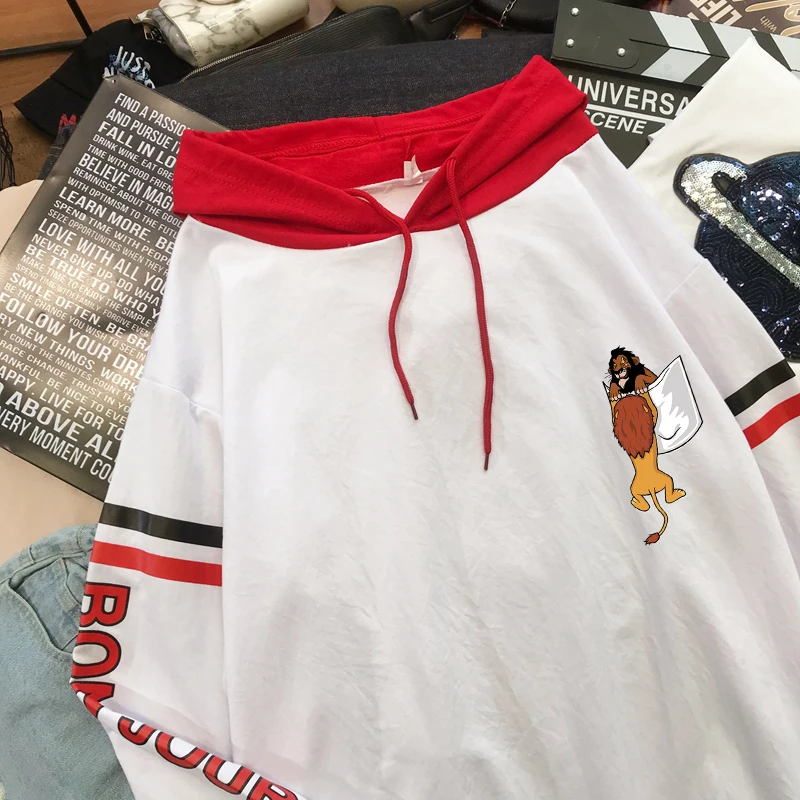 

Men's Autumn Winter New Contrast Clolor Trends Letter Print Hoodie Sweatshirt Harajuku Casual Loose Cartoon Lion Print Pullover