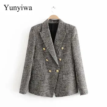 

New Women Vintage Houndstooth Plaid Blazer Notched Collar Double Breasted Female Casual Slim Stylish Outwear Woolen Coats
