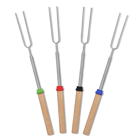 Barbecue Fork U-shaped Hot Dog Skewer Wooden Handle Stretchable Steel BBQ Grill Fork Marshmallow Sticks Kitchen Accessories
