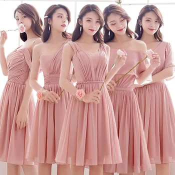 

Blush Pink Chiffon Short Bridesmaid Dresses 2020 Knee Length Wedding Guest Dress Lace Up Beach Dresses