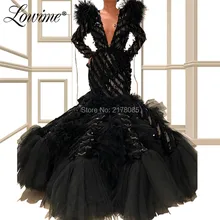 Черное вечернее платье с v-образным вырезом, с длинными рукавами, Русалка, Robe De Longue Festa, перо, на заказ, африканские платья для выпускного вечера