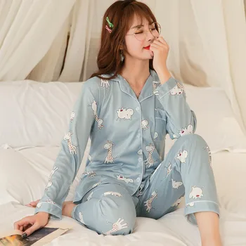 

Feier Women Soft Cotton Pajamas Autumn Long Sleeves Button-Down Cat Print Warm Pure Cotton Sleepwear Set 2pieces For Ladies