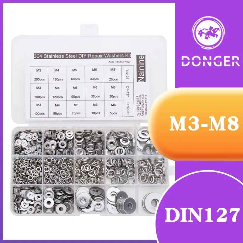 1050 шт./компл. DIN125 DIN127 DIN9021 304 плоская шайба из нержавеющей стали простая большие