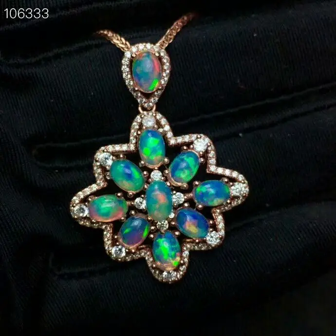 MeiBaPJ Many Beads Real Natural Opal Gemstone Flower Pendant Necklace 925 Pure Silver Colorful Stone Fine Jewelry for Women