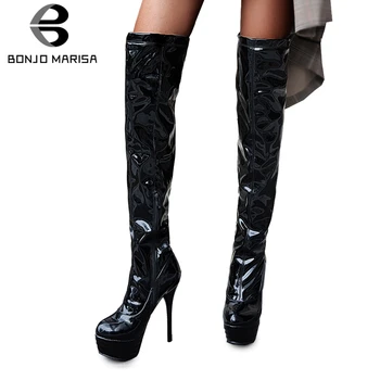 

BONJOMARISA New Winter 32-46 Patent PU Platform Thigh High Boots Women Sexy Party Over The Knee Boots High Heels Shoes Woman