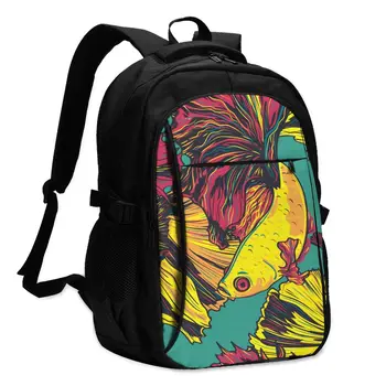 

Hot USB Charging Laptop Women's Backpack For Teenage Students Girls School Backpack Fighting Fish Betta Splendens Travel Bagpack