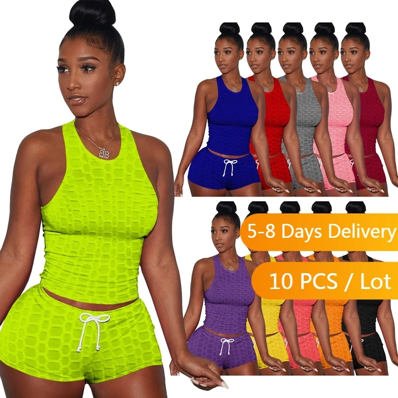 

Bulk Items Wholesale Lots Fashion Tracksuit Women Sportwear Summer Ribbed Bodycon Two Piece Set Slim Crop Top Biker Shorts Set