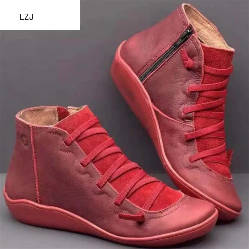 LZJ 2019 женские зимние ботинки из искусственной кожи ботильоны на плоской подошве