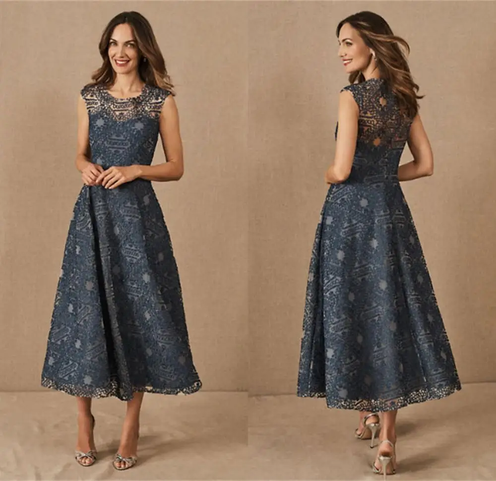 Элегантное темно-синее платье для матери невесты ТРАПЕЦИЕВИДНОЕ кружевное с