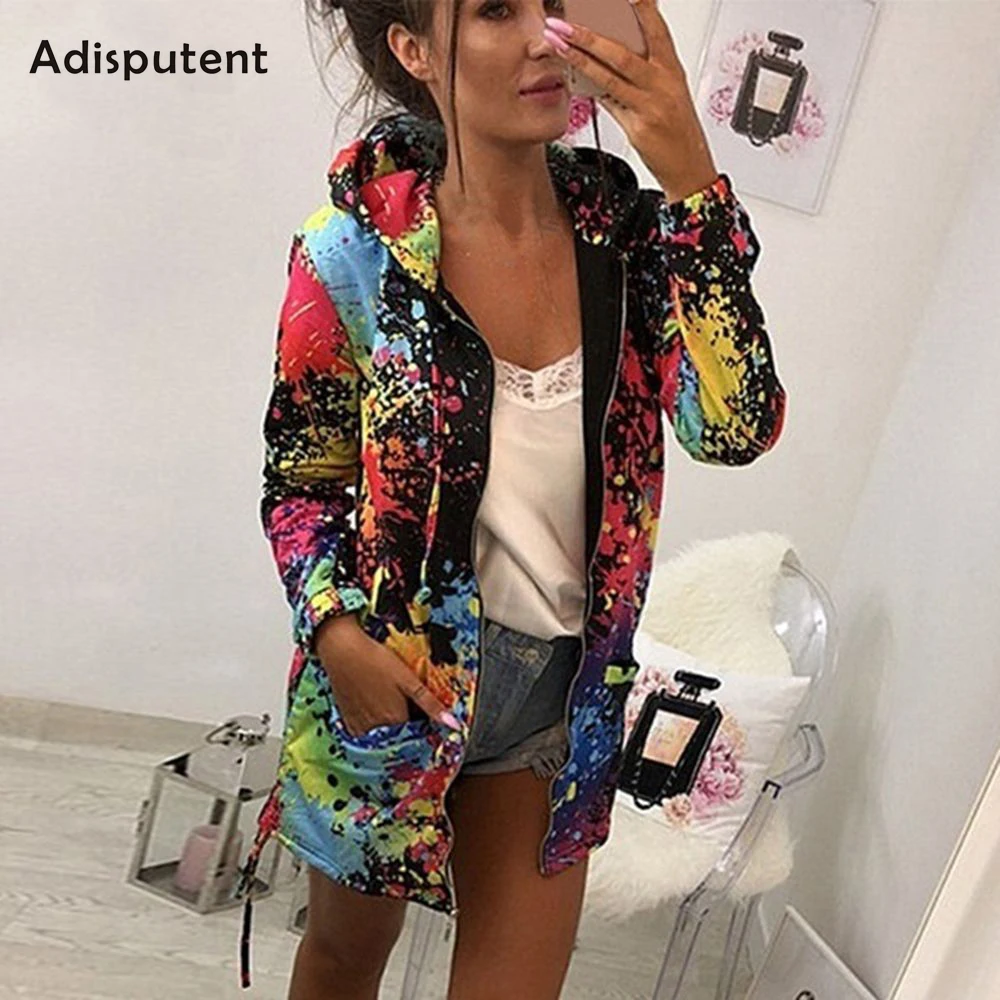 

ADISPUTENT Outerwear & Coats Jackets Fashion Tie dyeing Print Outwear Sweatshirt Hooded Overcoat coats and jackets women 2019
