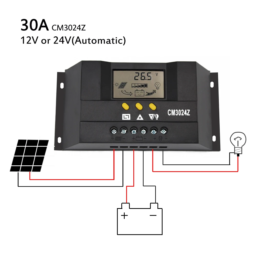 30A 12 V/24 V Широкий ЖК-дисплей Солнечный контроллер смарт-идентификация солнечная панель Батарея зарядный Регулятор автоматический