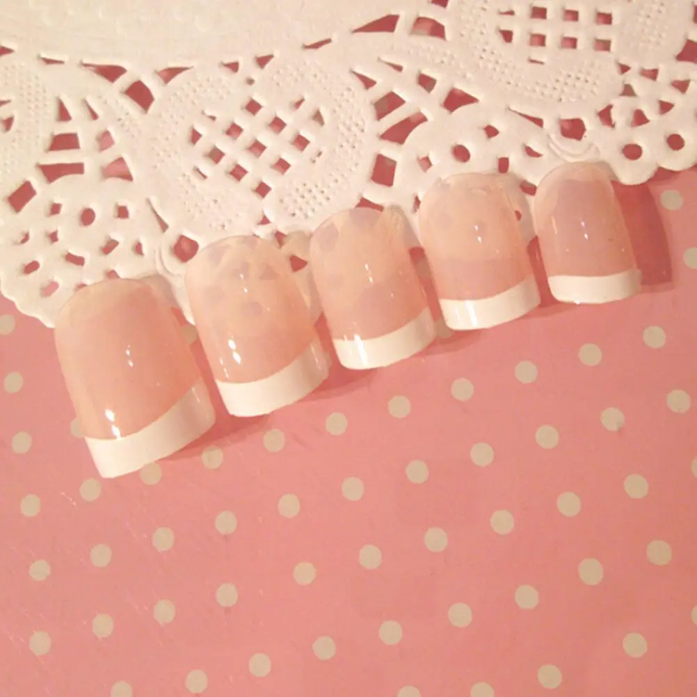 24Pcs White Pink French False Nails Long Acrylic Classical Full Artificial Press On Nails Tips