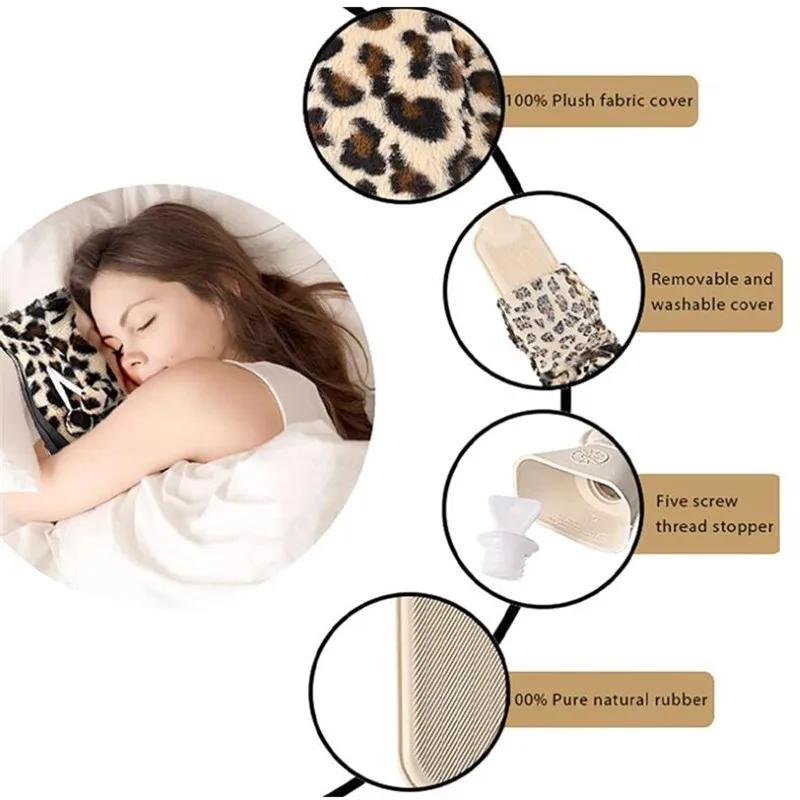 2L Leopard Plush Water-filling Hot-water Bag for Female Warm Belly Hands Feet Warm Water Bag  Hand Warmer Hot Water Bottle Bags