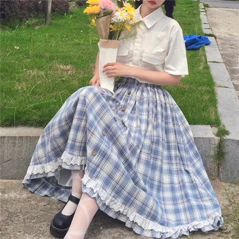 

Literary Retro Small fresh High waist Single-breasted Plaid skirt Female A-line Skirt Summer Students Mid-length Skirt Mori Girl
